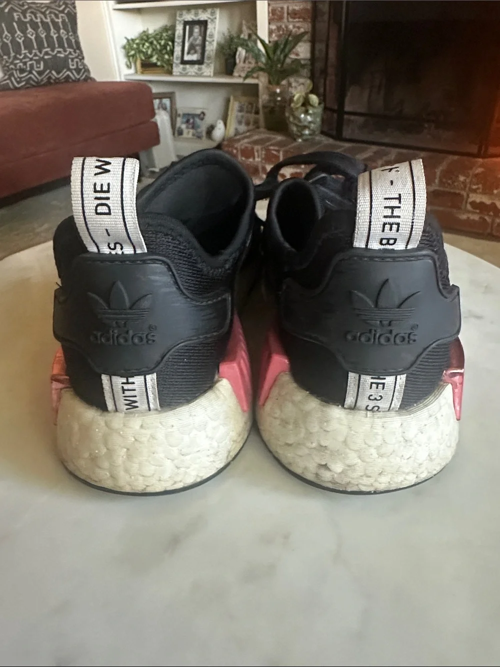 adidas Boost Women’s Black Sneakers with White Stripes and Pink Accent